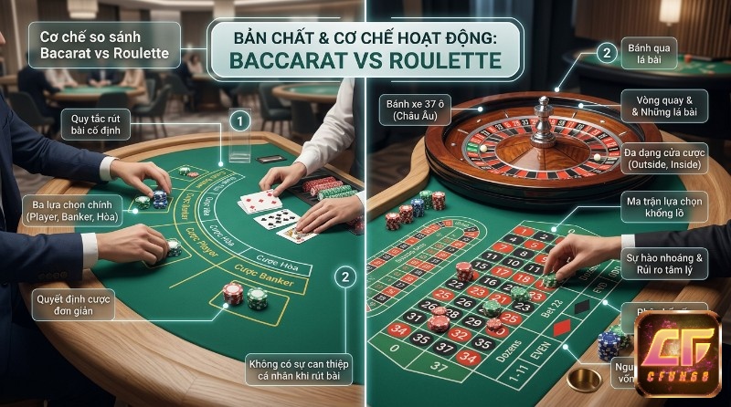 Cơ chế Baccarat và Roulette: Baccarat rút bài cố định, 3 lựa chọn cược đơn giản; Roulette bánh xe 37 ô, đa dạng cửa cược, vốn phức tạp