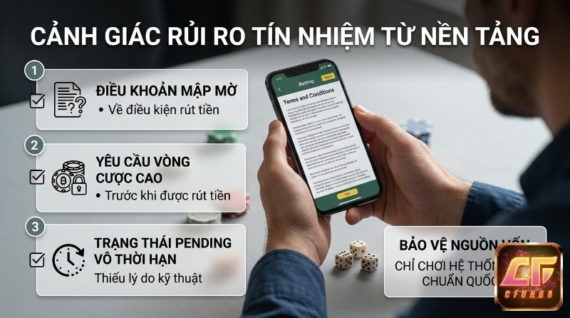 Cảnh giác rủi ro nền tảng: điều khoản thiếu rõ ràng, yêu cầu cược cao, giao dịch pending kéo dài; ưu tiên hệ thống RNG đạt chuẩn để bảo vệ vốn